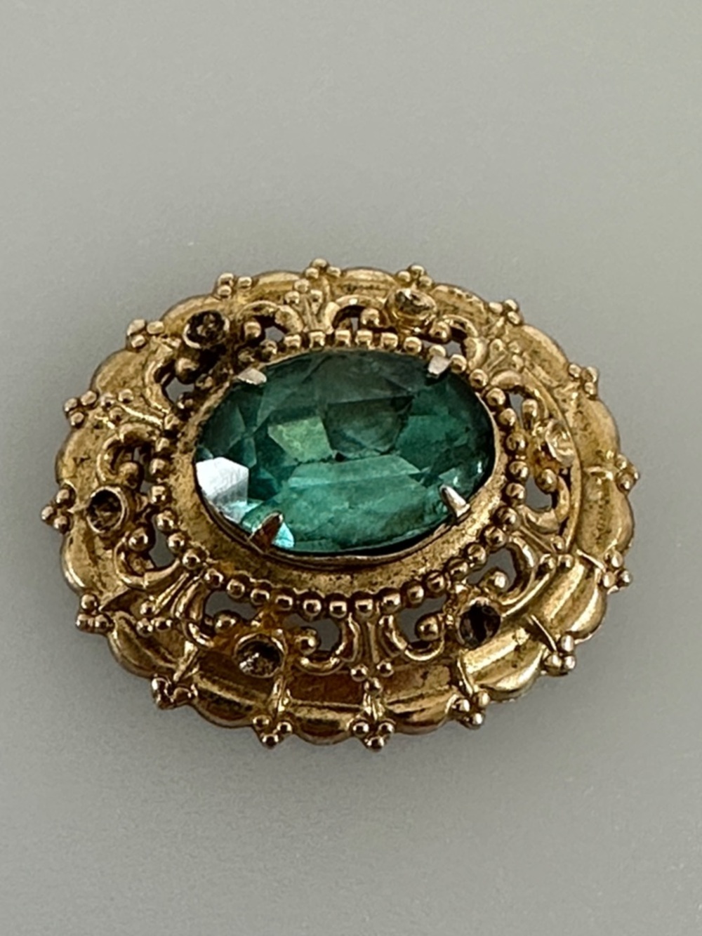 Coro Vintage Gold-Tone Brooch with Deep Green Oval Stone